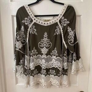 Olive Green Embroidered Open Sleeve Crochet Bell Sl Boho Festival‎ Hippie Top M
